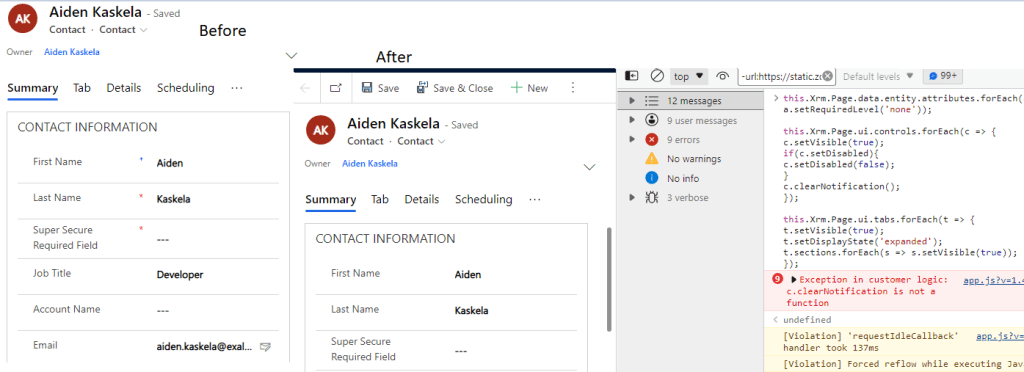 Before and after pictures showing required fields being marked as non required.