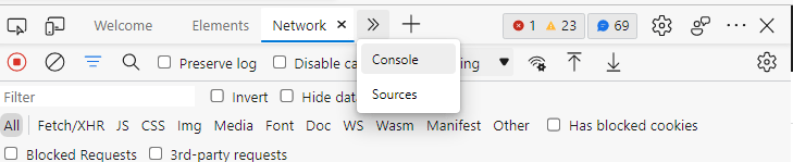 Accessing DevTools and Console tab in the Edge browser.